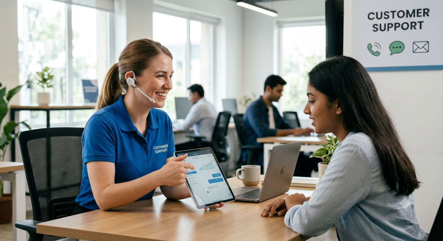 Offshore customer support agent answering live chat alongside an AI chatbot